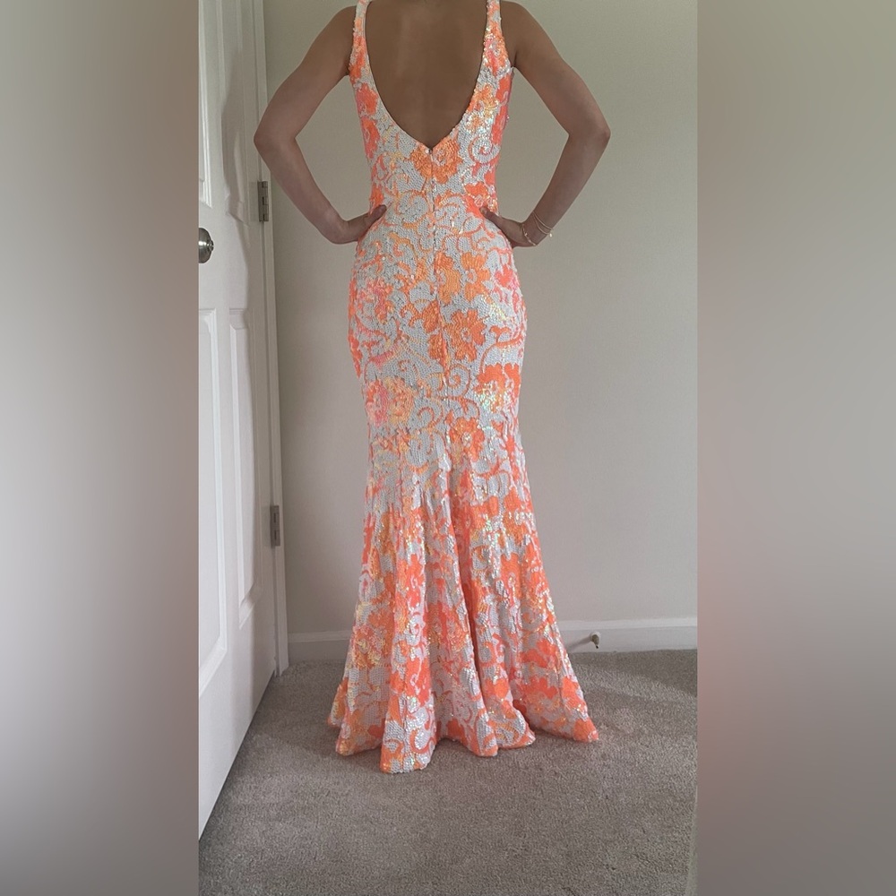 Jovani Coral & White Sequin Floral Prom Dress style 08257 - Picture 2 of 15